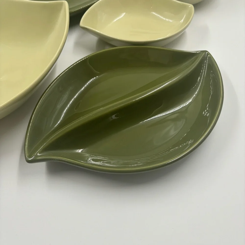 NWOT Crate & Barrel 7-Pc Ceramic Leaf Serving Set - Olive Green